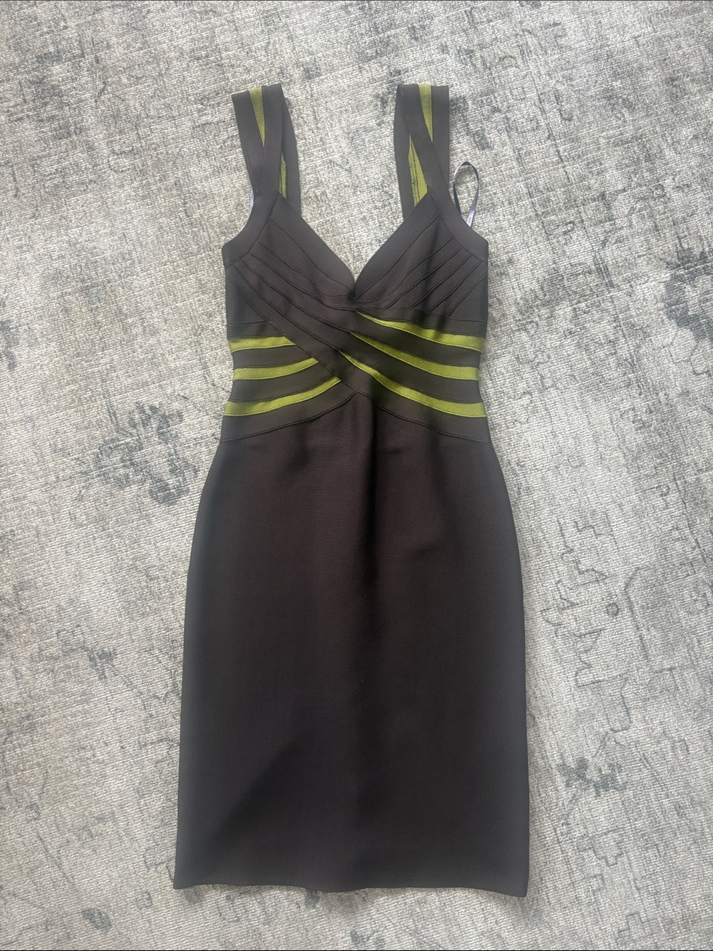 Herve Leger Brown Dress with Olive Stripe Accents